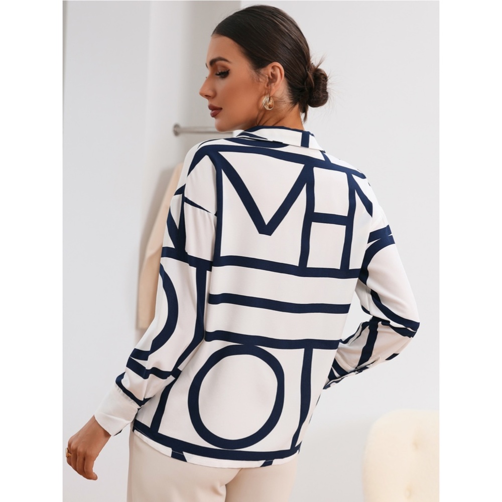 Geometric Print Blouse Buttoned Shirt White - Picture 2 of 9